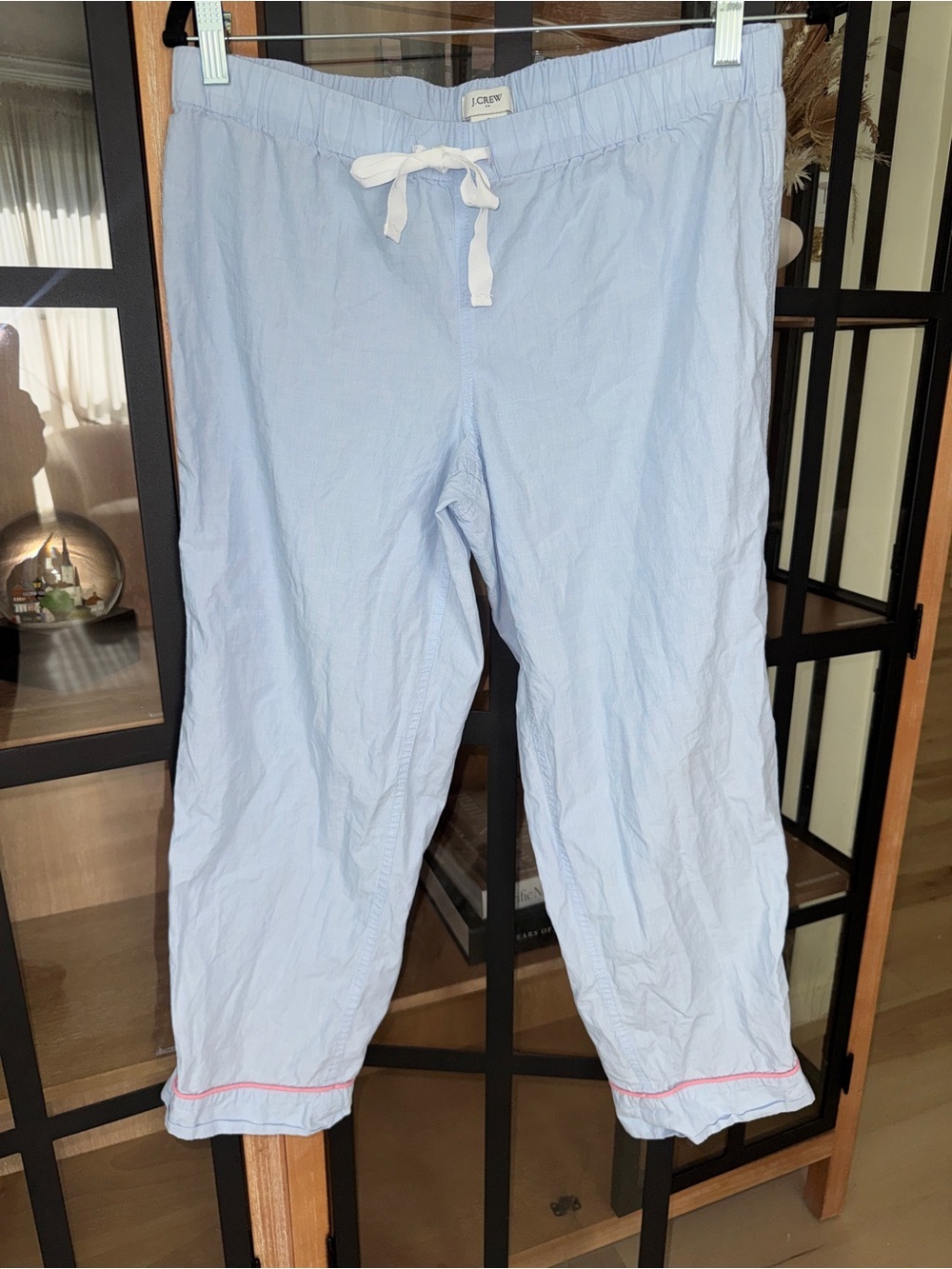 J. Crew poplin pajamas pants light blue pink trim cotton drawstring